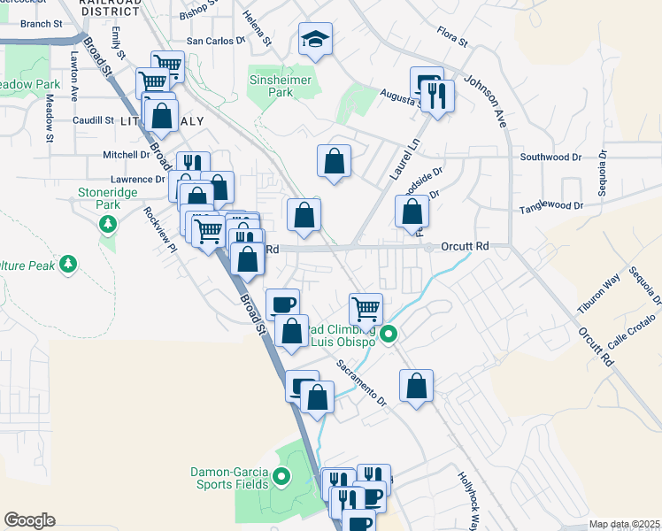 map of restaurants, bars, coffee shops, grocery stores, and more near 976 Tarragon Lane in San Luis Obispo