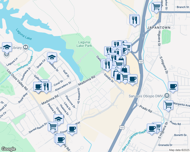 map of restaurants, bars, coffee shops, grocery stores, and more near 731 Madonna Road in San Luis Obispo