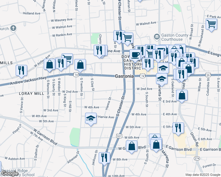 map of restaurants, bars, coffee shops, grocery stores, and more near 504 West 2nd Avenue in Gastonia