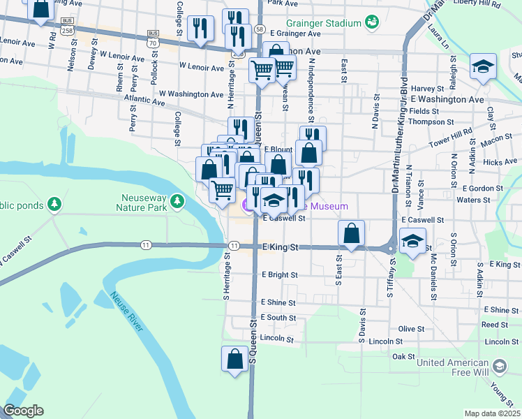 map of restaurants, bars, coffee shops, grocery stores, and more near 102 South Queen Street in Kinston