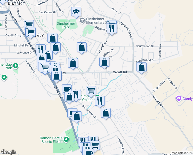 map of restaurants, bars, coffee shops, grocery stores, and more near 1121 Orcutt Road in San Luis Obispo
