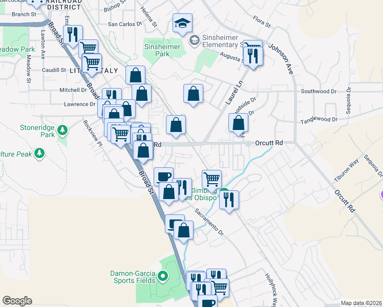 map of restaurants, bars, coffee shops, grocery stores, and more near 906 Bay Leaf Drive in San Luis Obispo