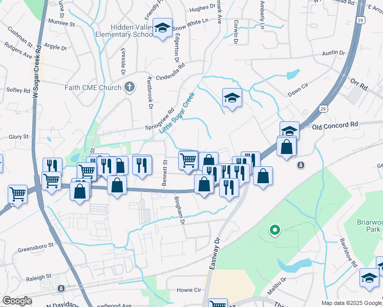 map of restaurants, bars, coffee shops, grocery stores, and more near 4921 Hillsboro Avenue in Charlotte