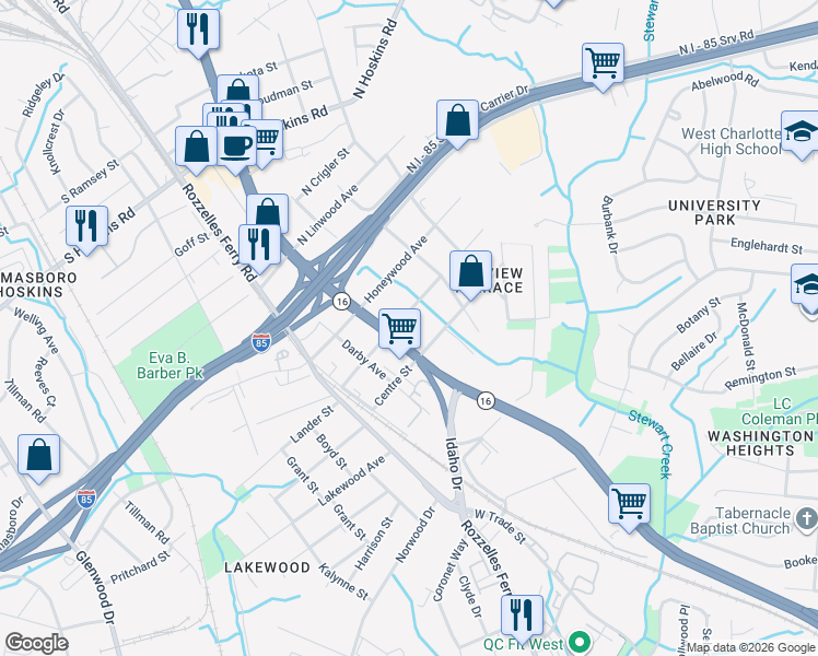 map of restaurants, bars, coffee shops, grocery stores, and more near 200 Nelson Avenue in Charlotte