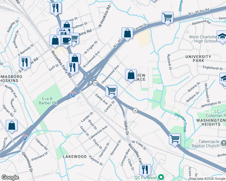 map of restaurants, bars, coffee shops, grocery stores, and more near 200 Nelson Avenue in Charlotte