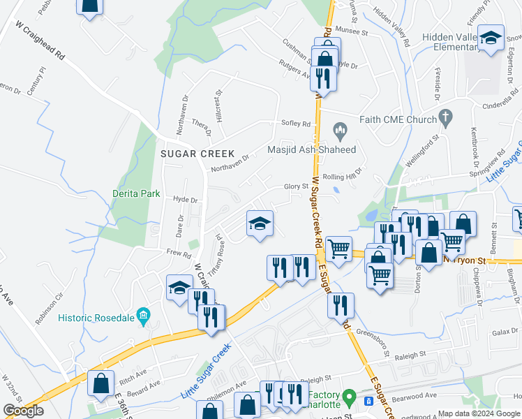 map of restaurants, bars, coffee shops, grocery stores, and more near 119 Hunslet Circle in Charlotte