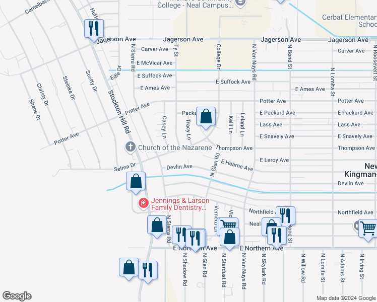 map of restaurants, bars, coffee shops, grocery stores, and more near 1530 College Drive in Kingman
