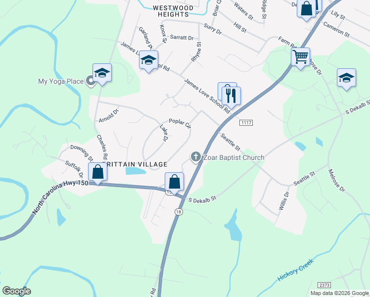 map of restaurants, bars, coffee shops, grocery stores, and more near 2917 Poplar Circle in Shelby