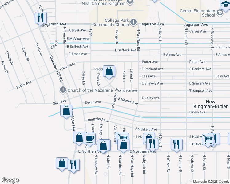 map of restaurants, bars, coffee shops, grocery stores, and more near 1615 Glen Place in Kingman