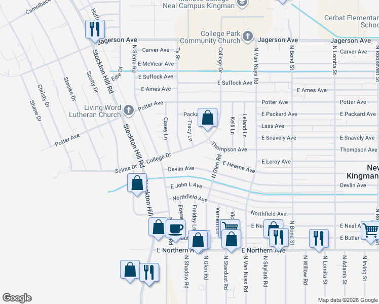 map of restaurants, bars, coffee shops, grocery stores, and more near 1541 Devlin Court in Kingman