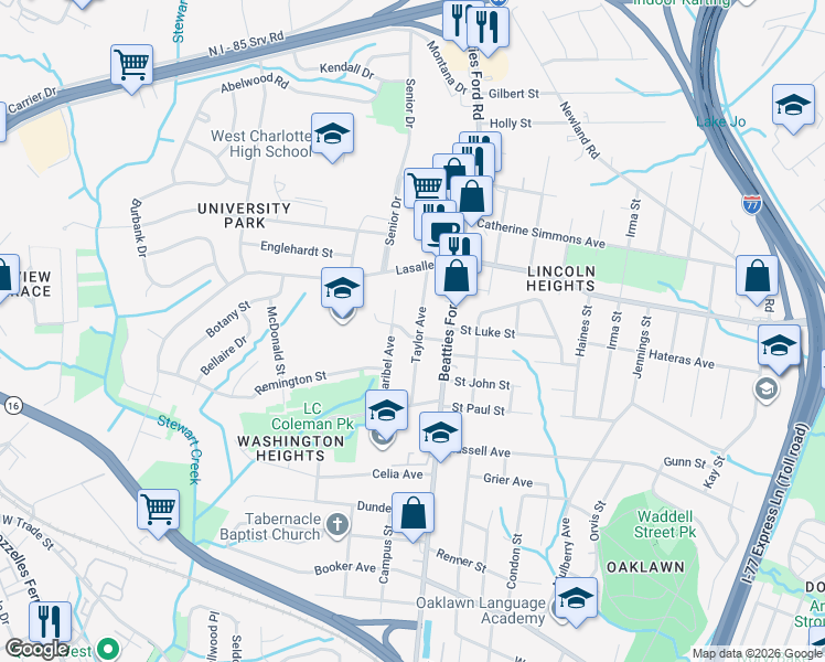 map of restaurants, bars, coffee shops, grocery stores, and more near 1800 Taylor Avenue in Charlotte