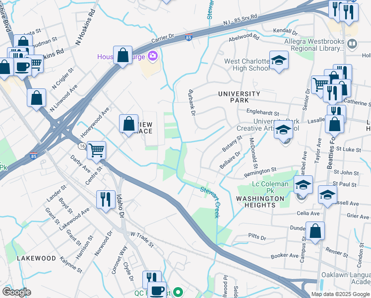 map of restaurants, bars, coffee shops, grocery stores, and more near 3215 Celia Avenue in Charlotte