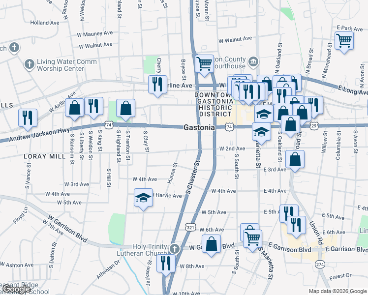 map of restaurants, bars, coffee shops, grocery stores, and more near 504 West 2nd Avenue in Gastonia