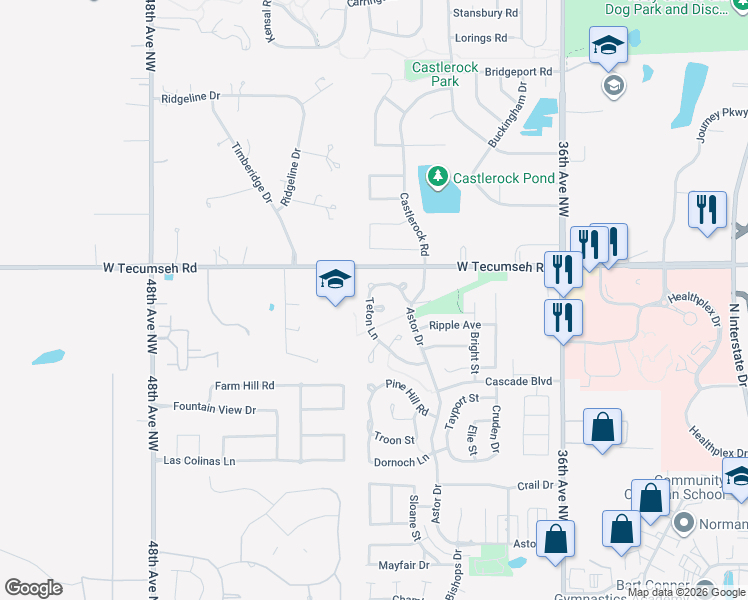 map of restaurants, bars, coffee shops, grocery stores, and more near 3516 Teton Lane in Norman