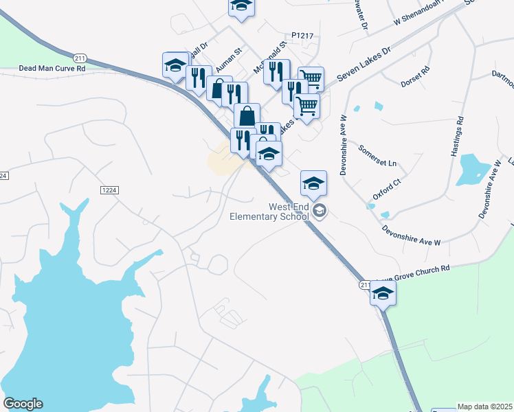 map of restaurants, bars, coffee shops, grocery stores, and more near 150 Parkwood Court in West End