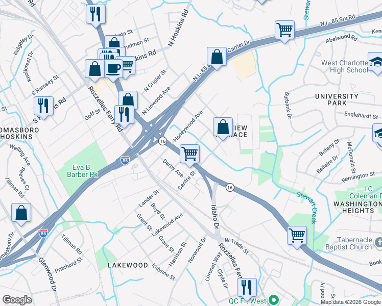 map of restaurants, bars, coffee shops, grocery stores, and more near 200 Nelson Avenue in Charlotte