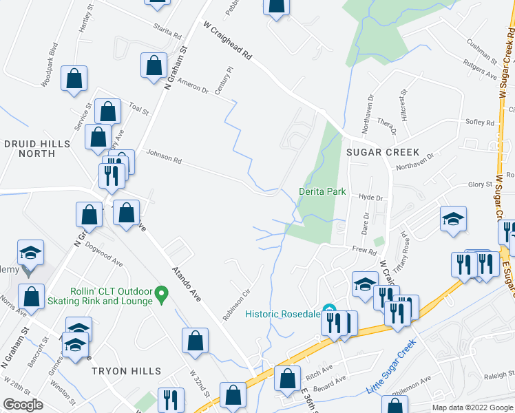 map of restaurants, bars, coffee shops, grocery stores, and more near 521 Johnson Road in Charlotte