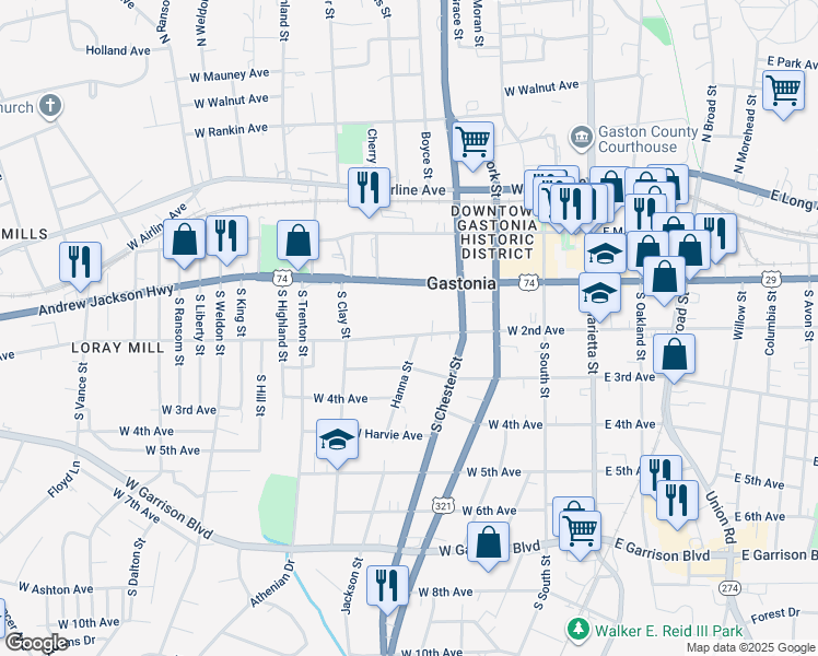 map of restaurants, bars, coffee shops, grocery stores, and more near 504 West 2nd Avenue in Gastonia
