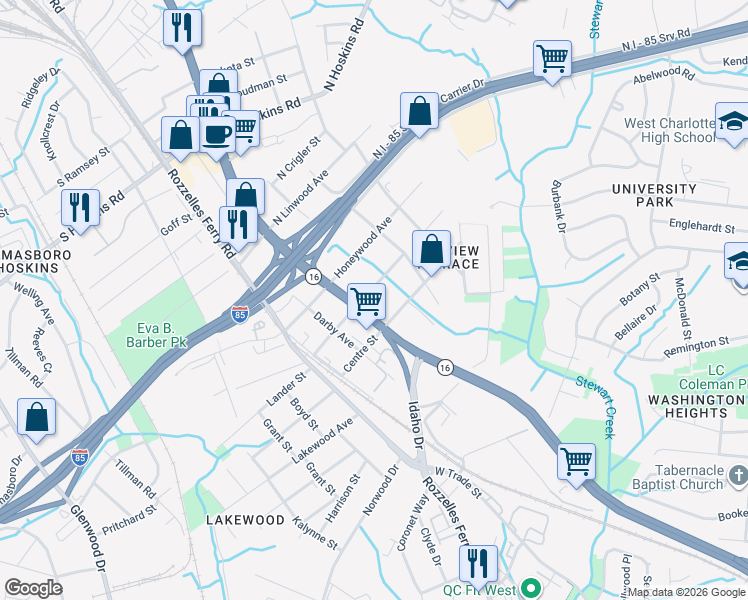 map of restaurants, bars, coffee shops, grocery stores, and more near 200 Nelson Avenue in Charlotte