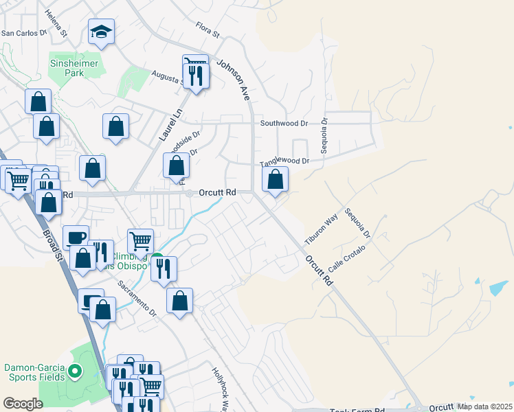 map of restaurants, bars, coffee shops, grocery stores, and more near 3711 Orcutt Road in San Luis Obispo