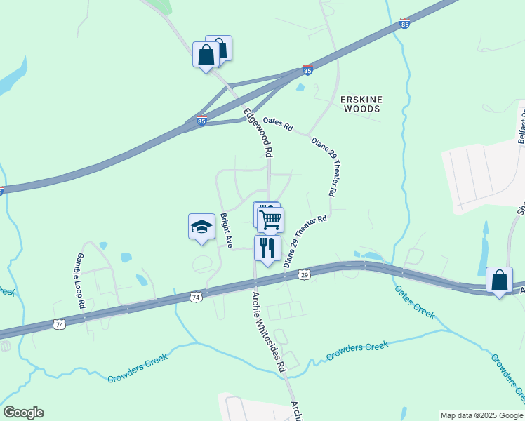 map of restaurants, bars, coffee shops, grocery stores, and more near 108 Delmont Court in Bessemer City