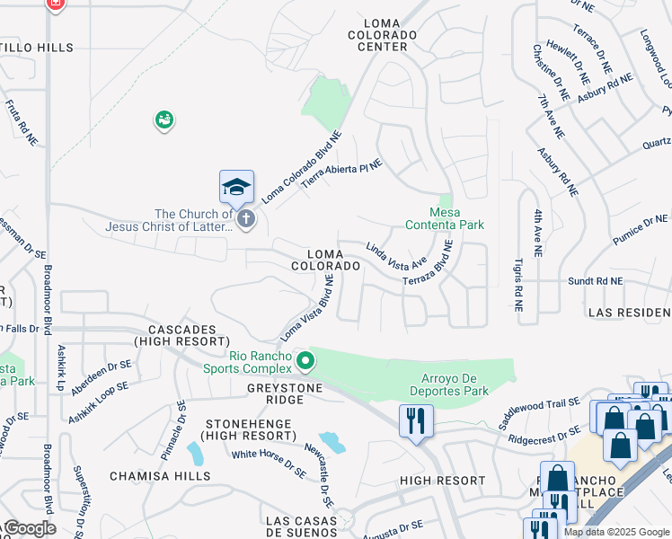 map of restaurants, bars, coffee shops, grocery stores, and more near 121 Los Miradores Drive Northeast in Rio Rancho