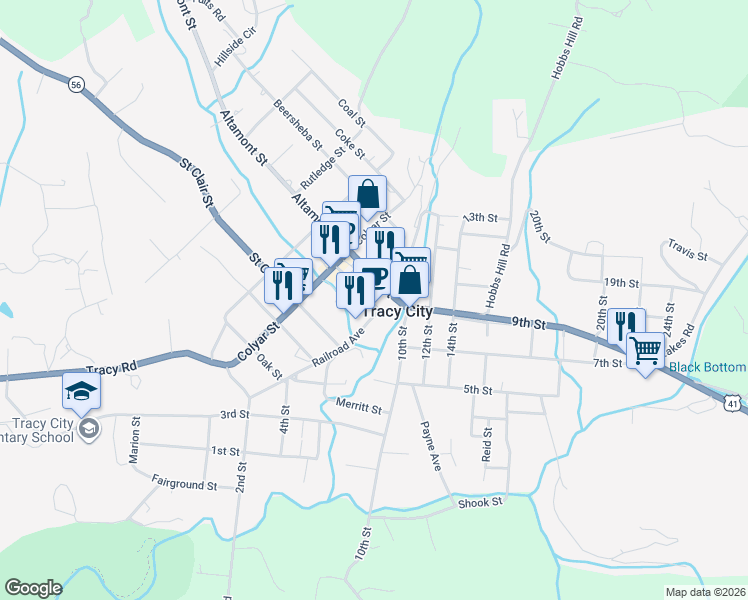 map of restaurants, bars, coffee shops, grocery stores, and more near 375 Railroad Avenue in Tracy City