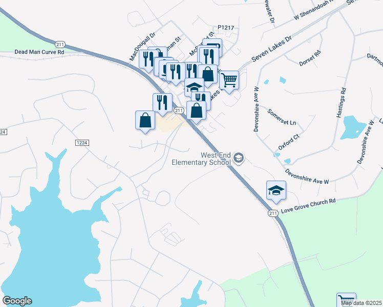 map of restaurants, bars, coffee shops, grocery stores, and more near 150 Parkwood Court in West End