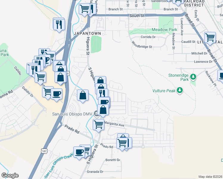 map of restaurants, bars, coffee shops, grocery stores, and more near 3057 South Higuera Street in San Luis Obispo