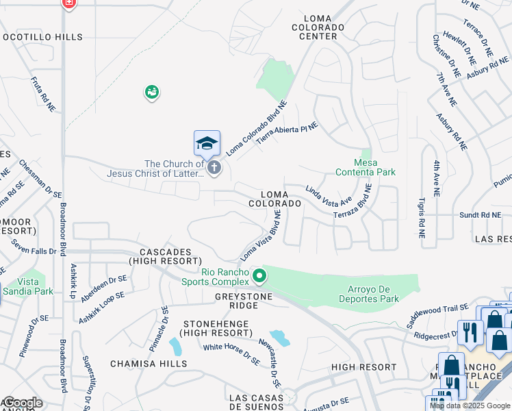 map of restaurants, bars, coffee shops, grocery stores, and more near 3605 Plano Vista Road Northeast in Rio Rancho