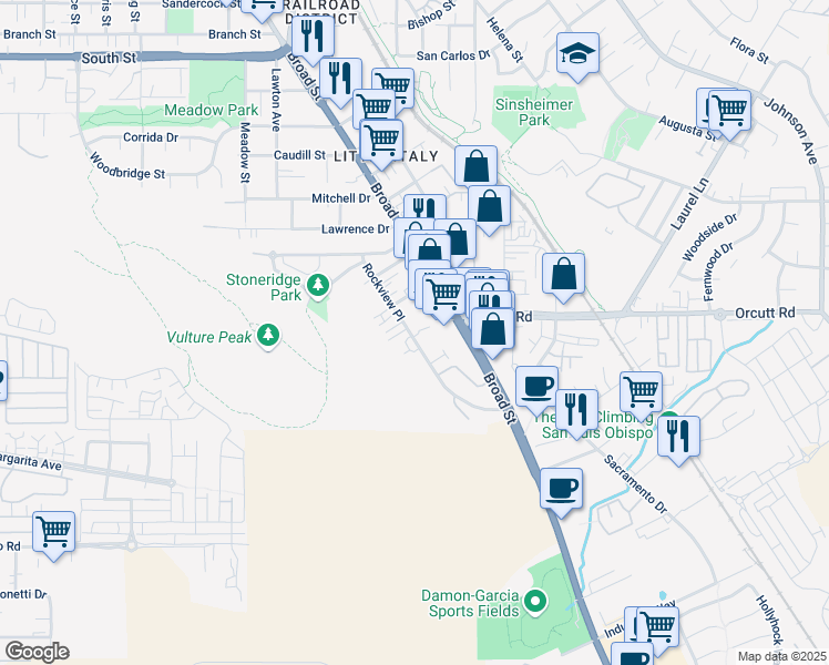 map of restaurants, bars, coffee shops, grocery stores, and more near 3210 Rockview Place in San Luis Obispo