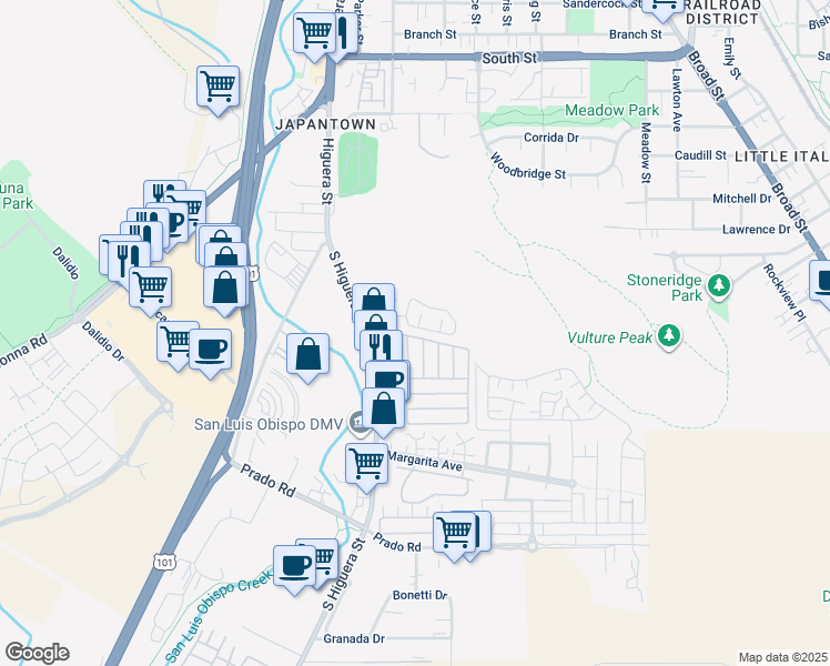 map of restaurants, bars, coffee shops, grocery stores, and more near 3057 South Higuera Street in San Luis Obispo