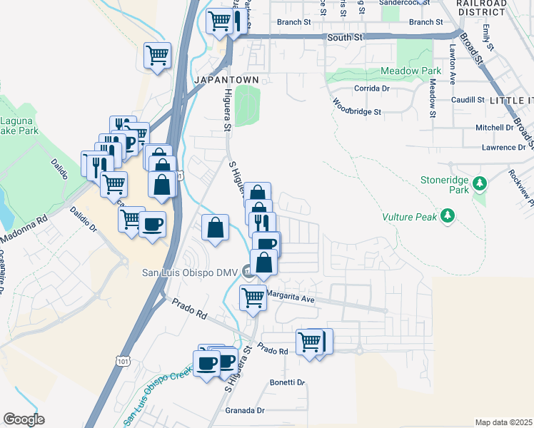 map of restaurants, bars, coffee shops, grocery stores, and more near 3057 South Higuera Street in San Luis Obispo