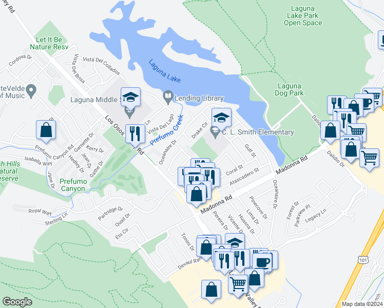 map of restaurants, bars, coffee shops, grocery stores, and more near 1396 Cavalier Lane in San Luis Obispo