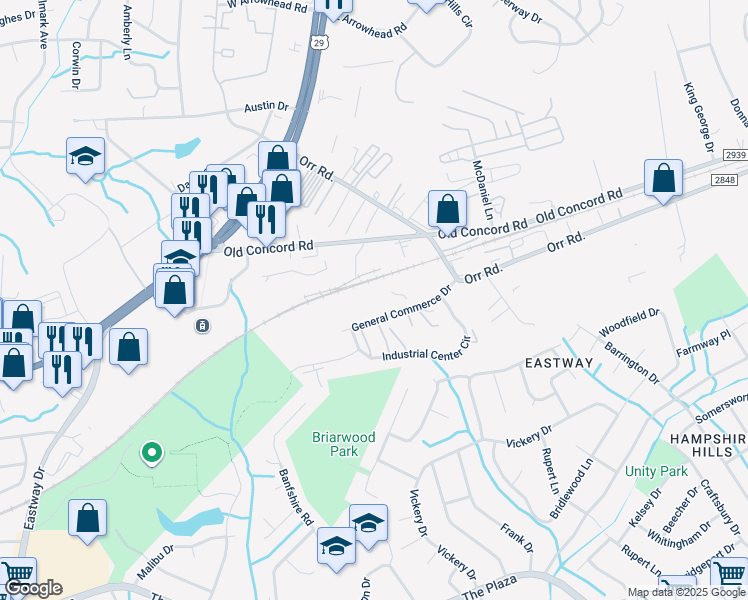 map of restaurants, bars, coffee shops, grocery stores, and more near 5801 General Commerce Drive in Charlotte