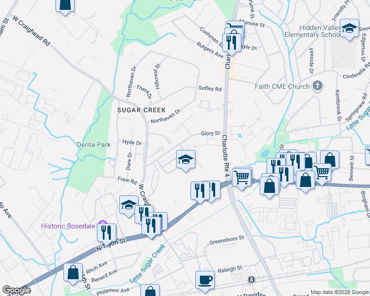 map of restaurants, bars, coffee shops, grocery stores, and more near 3959 Damask Drive in Charlotte