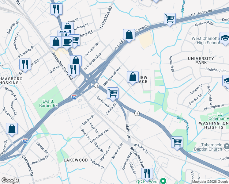 map of restaurants, bars, coffee shops, grocery stores, and more near 200 Nelson Avenue in Charlotte