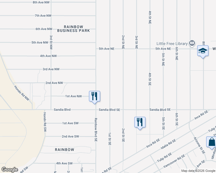 map of restaurants, bars, coffee shops, grocery stores, and more near 109 2nd Street Northeast in Rio Rancho