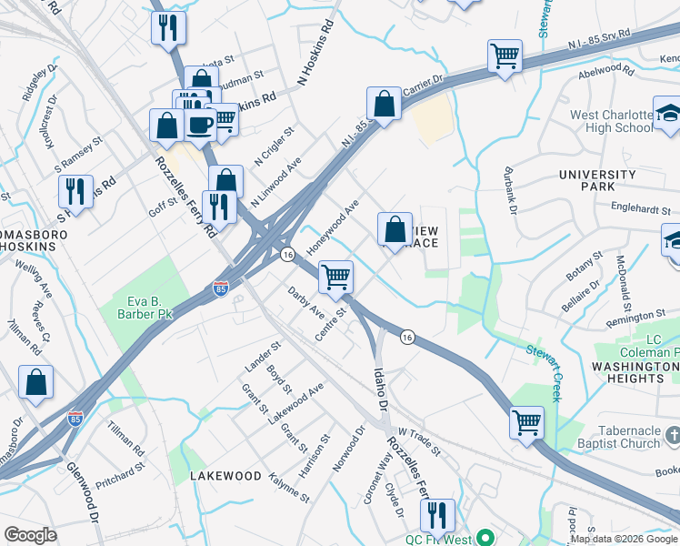 map of restaurants, bars, coffee shops, grocery stores, and more near 200 Nelson Avenue in Charlotte