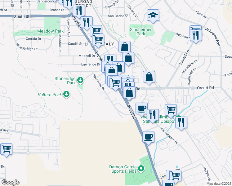 map of restaurants, bars, coffee shops, grocery stores, and more near 3211 Broad Street in San Luis Obispo