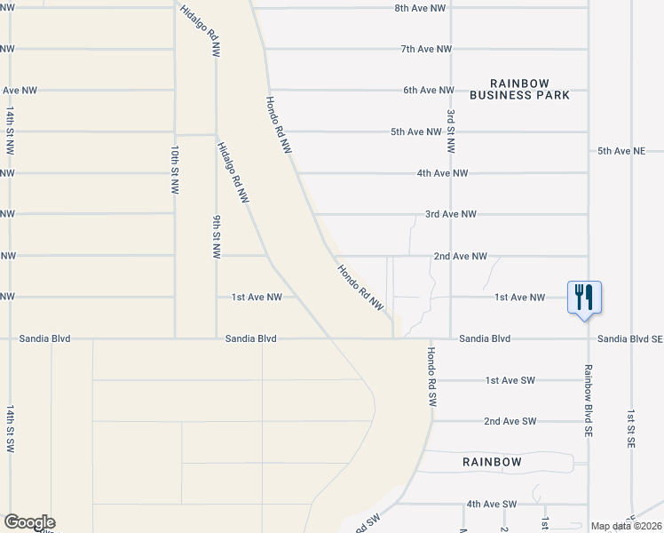 map of restaurants, bars, coffee shops, grocery stores, and more near 26 Hildalgo Road Northwest in Rio Rancho