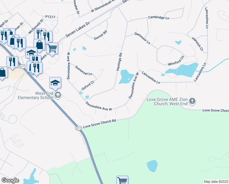 map of restaurants, bars, coffee shops, grocery stores, and more near Hastings Road in Seven Lakes