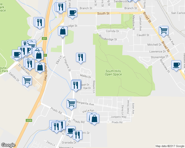 map of restaurants, bars, coffee shops, grocery stores, and more near Vina Loma in San Luis Obispo County