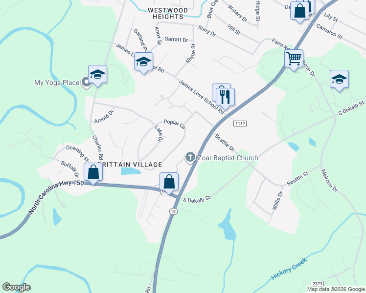 map of restaurants, bars, coffee shops, grocery stores, and more near 2917 Poplar Circle in Shelby