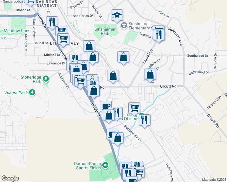 map of restaurants, bars, coffee shops, grocery stores, and more near 906 Bay Leaf Drive in San Luis Obispo