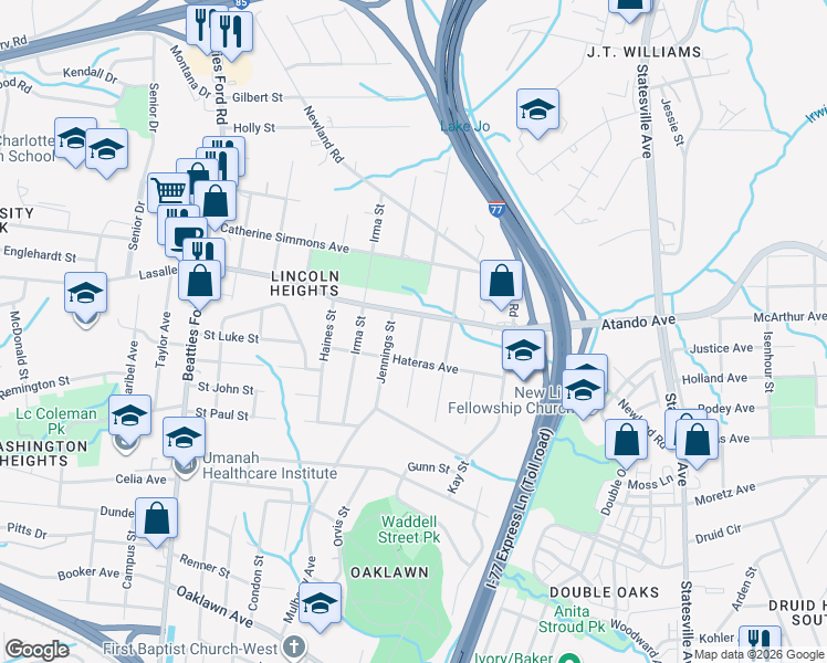 map of restaurants, bars, coffee shops, grocery stores, and more near 1925 Kennesaw Drive in Charlotte
