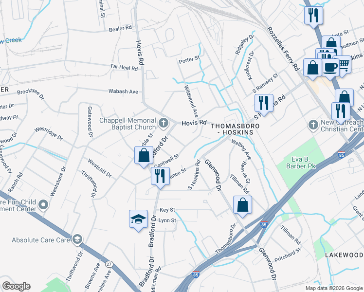 map of restaurants, bars, coffee shops, grocery stores, and more near 800 Cantwell Street in Charlotte