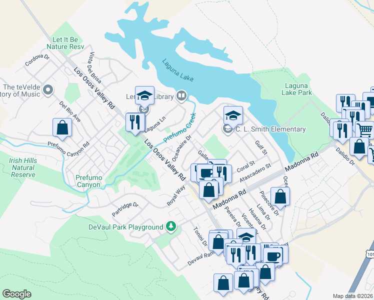 map of restaurants, bars, coffee shops, grocery stores, and more near 1320 Cavalier Lane in San Luis Obispo