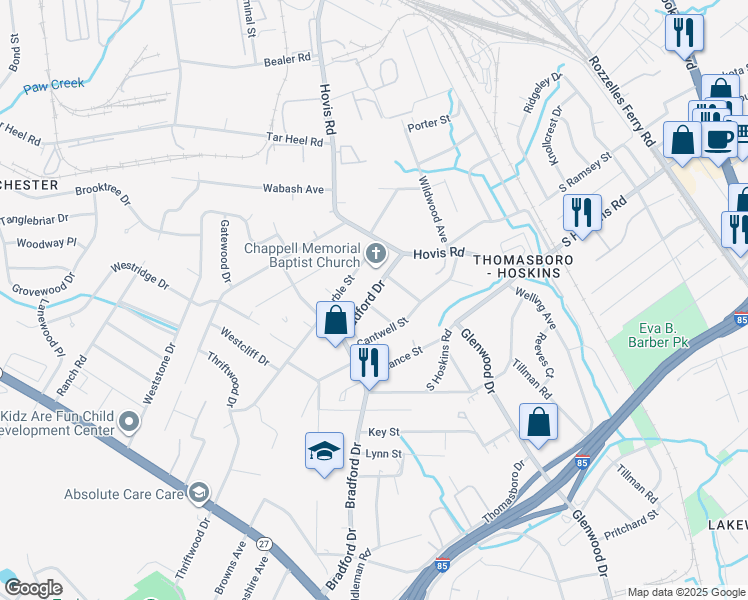 map of restaurants, bars, coffee shops, grocery stores, and more near 4420 Gum Street in Charlotte