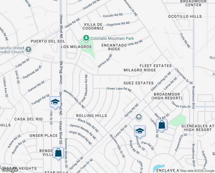 map of restaurants, bars, coffee shops, grocery stores, and more near 2261 Green Lake Road Northeast in Rio Rancho